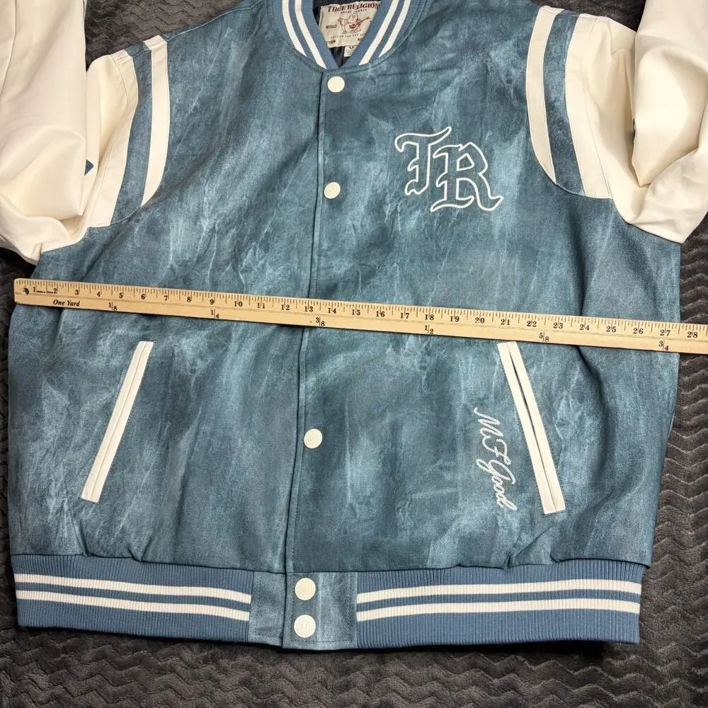 TRUE RELIGION Denim Print Varsity Jacket 109881 Cerulean Blue size 2XL New